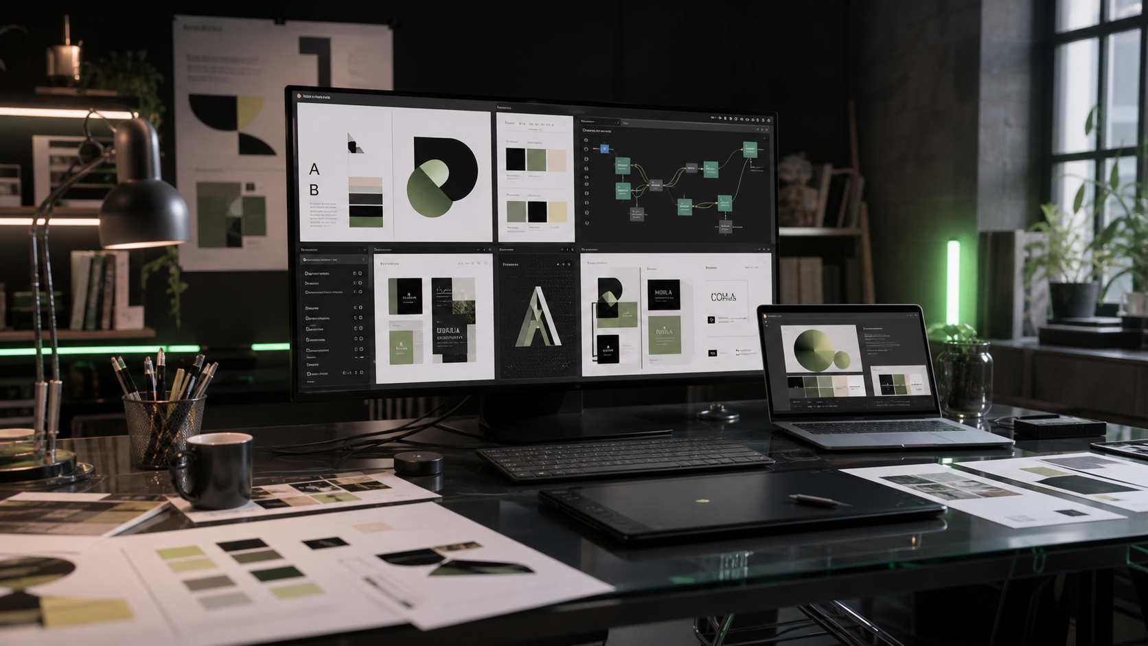 Design studio workstation with brand identity and UI mockups