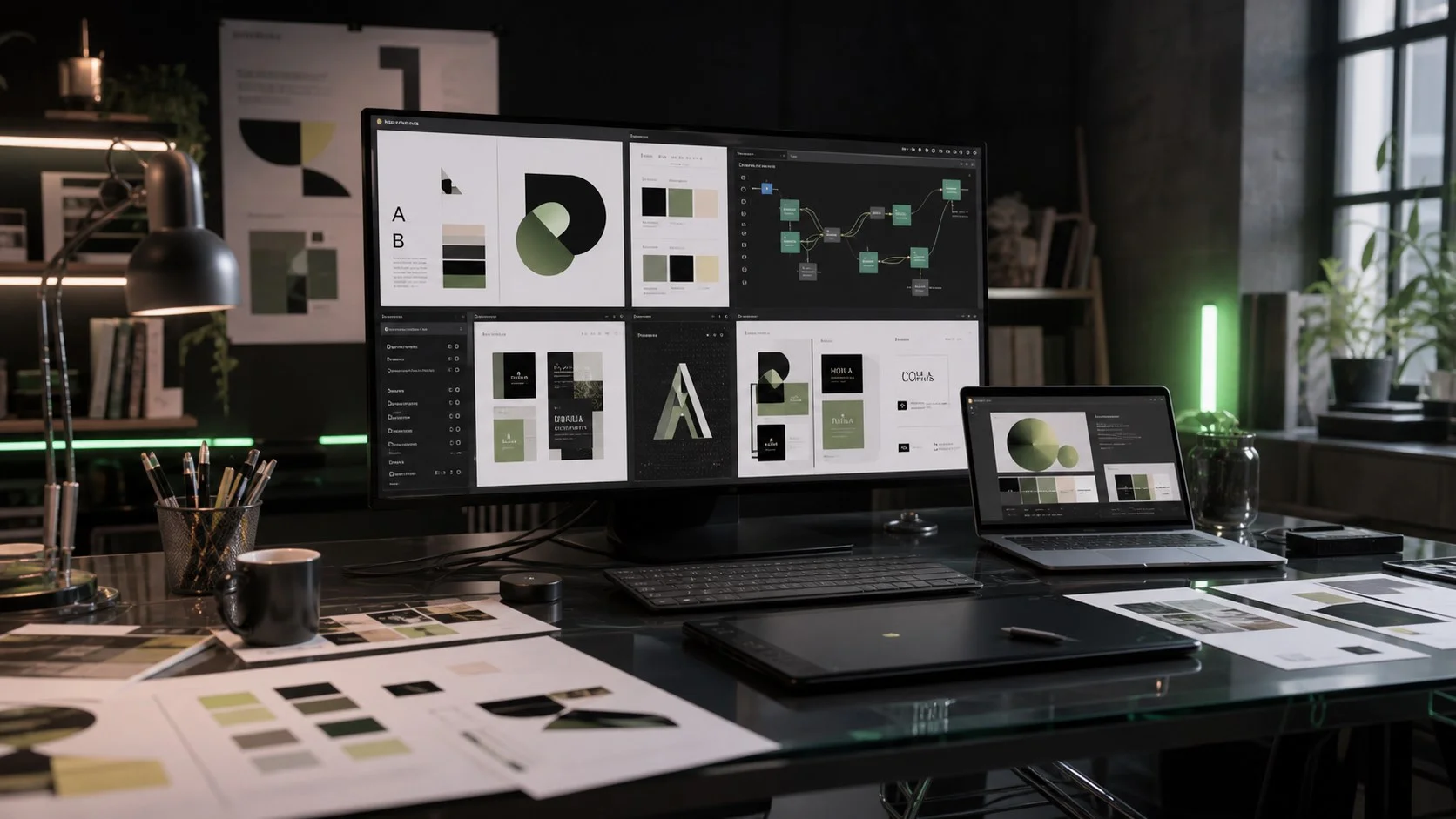 Design studio workstation with brand identity and UI mockups